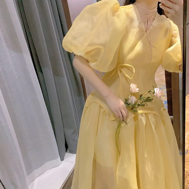 Prancūzijos Šviesą Saldus Kawaii Suknelė Moterims, Elegantiškas, Prašmatnus Pasakų Šalis Midi Suknelė Moteris Pasakos Sluoksniuotos Rankovėmis Mielas Korėjos Suknelė Vasaros 2021