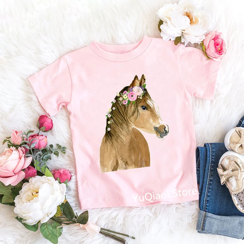 Mielas kūdikis mergaičių marškinėliai pink marškinėlius gėlių arklys/Teddy/flamigo/triušiai/bear gyvūnų spausdinti harajuku kawaii vasaros vaikų drabužių viršų