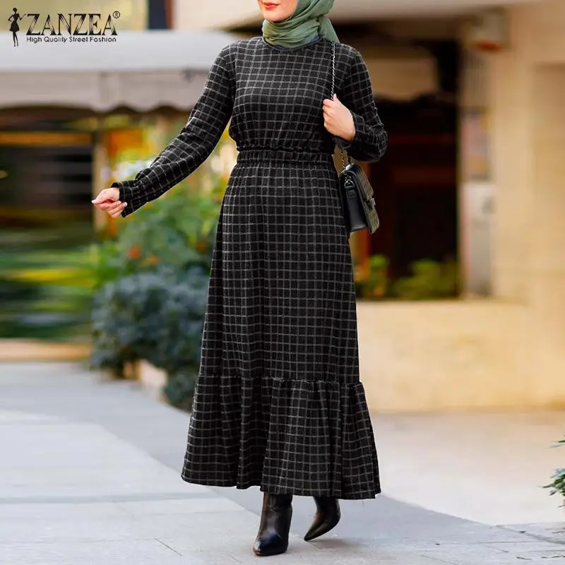 Moteriški Elegantiški Musulmonų Turkija Hijab Dubajus Abaja ZANZEA Retro Pledas Patikrinti, Ilga Suknelė Atsitiktinis OLIS Mados Pynimas Vestido Negabaritinių