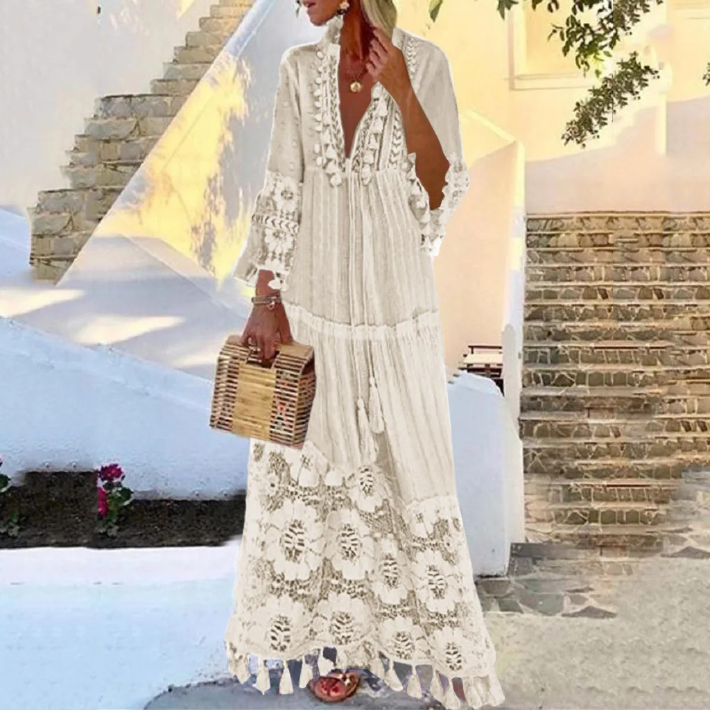 Atsitiktinis Balta Suknelė Ilgomis Rankovėmis Suknelė Mados Bohemijos Didelio Dydžio V-Kaklo Vientisos Spalvos Nėrinių Kutas Ilgos Suknelės Vestido De Mujer