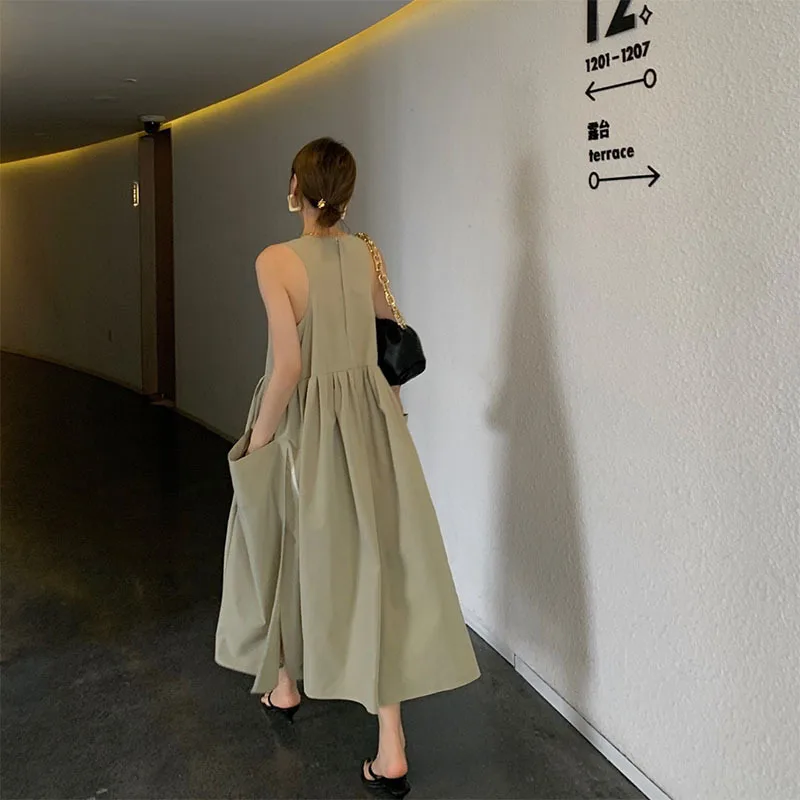 Šviesiai Pilka Rankovių Maxi Elegent Atsitiktinis Suknelė su Kišenėje Vasaros 2021 Dizaineris Prabanga Harajuku Drabužių Kpop