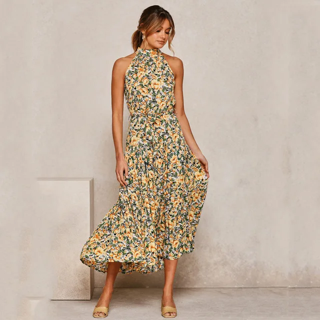 Vasaros Gėlių Ilga Suknelė Moteris Atsitiktinis Paplūdimio Boho Apynasrio Stebėjimo Sundress 2021 Vintage Drabužių Maxi Suknelės Moterims Geltona