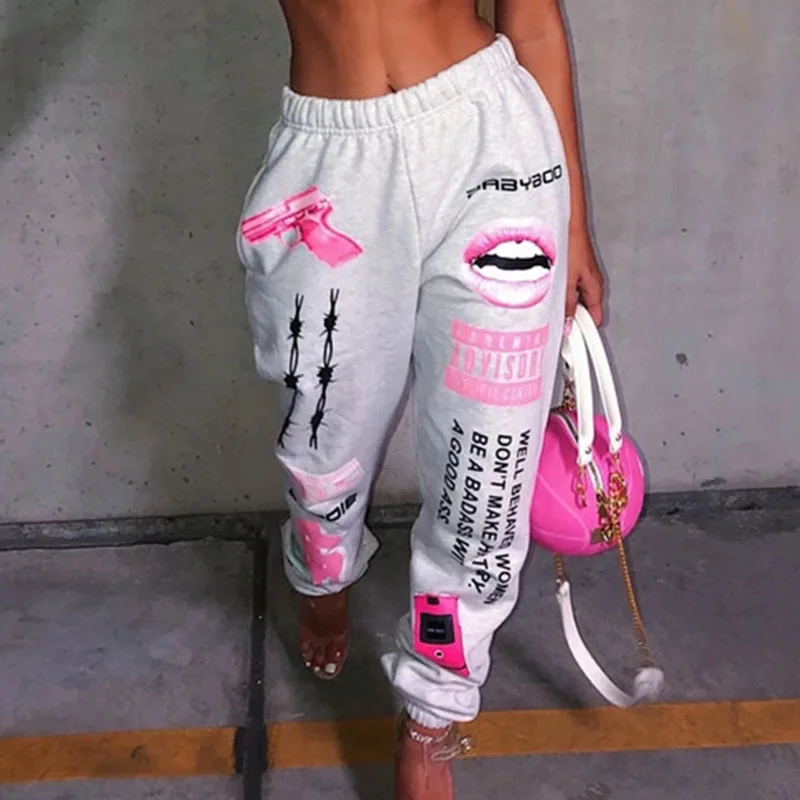 Nauja Hip-Hop Grafinis Spausdinti Moterų Sweatpants Poilsiu Kelnės Harajuku Aukštos Juosmens, Palaidi Atsitiktinis Streetwear Kelnes Sporto Kelnės Moteriška