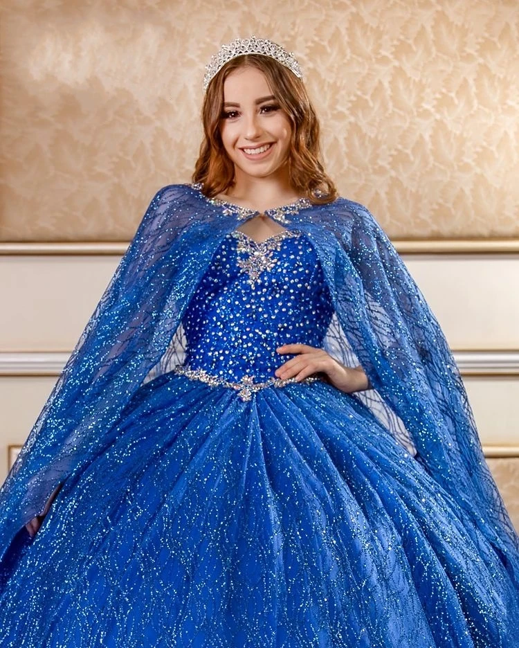 2021 Mėlyną Blizgučiais Quinceanera Suknelės Su Karoliukais Rankovių Kamuolys Suknelė Saldus 15 16 Suknelė Vestidos De 15 Anos quinceanera