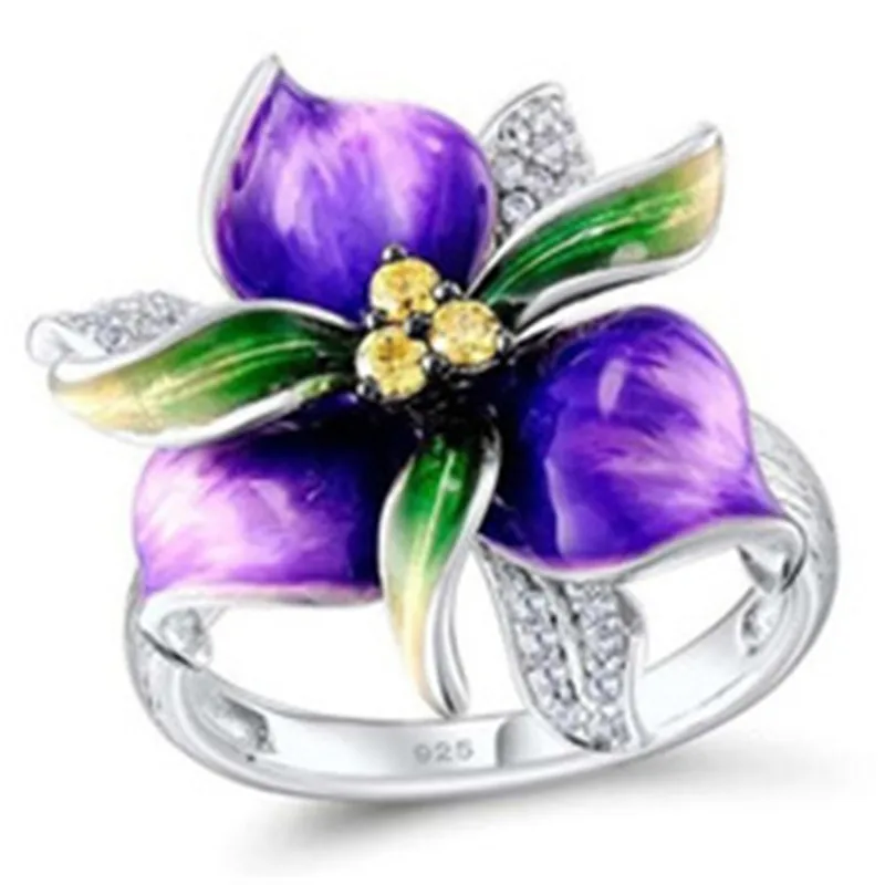 Ponios Kūrybos Elegantiškas, Subtilus Violetinė Epoksidinės Gėlės Geltona Kristalų Dizaineris Žiedas Moterims AAA Cirkonis Žiedai, Papuošalai