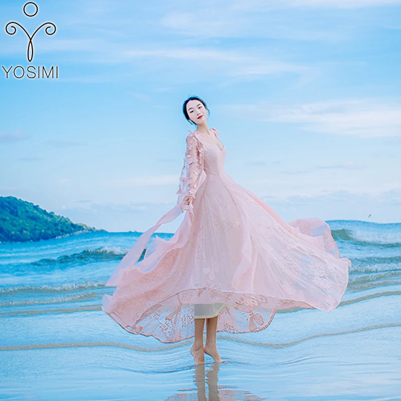 YOSIMI Smėlio spalvos Ilgas Moterų Suknelė 2021 Vasaros Vakarą Šalies Maxi Nėrinių Dviejų dalių Fėja Drugelis 3D Siuvinėjimo Ilga Elegantiška Suknelė