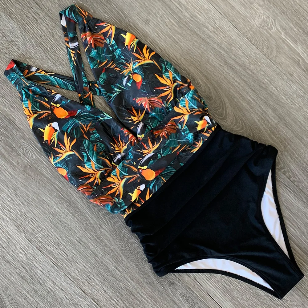 2021 Seksualus vientisi maudymosi kostiumėlį Moteris Gėlių Moterims maudymosi Kostiumėliai, Push Up Maudymosi Kostiumai Bodysuits Paplūdimio drabužiai Giliai V-kaklo, Pynimas Monokini