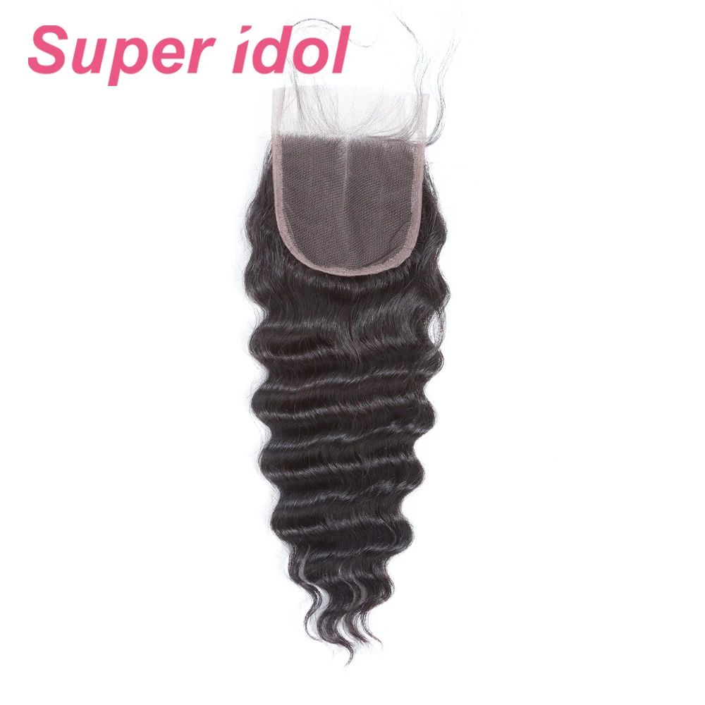 Super idol 4*4 Nėrinių Uždarymo Prarasti Giliai Banga Plaukai Uždarymas Su Kūdikio Plaukų Vidurio Nemokamai Tris Dalis Brazilijos Remy Human Hair