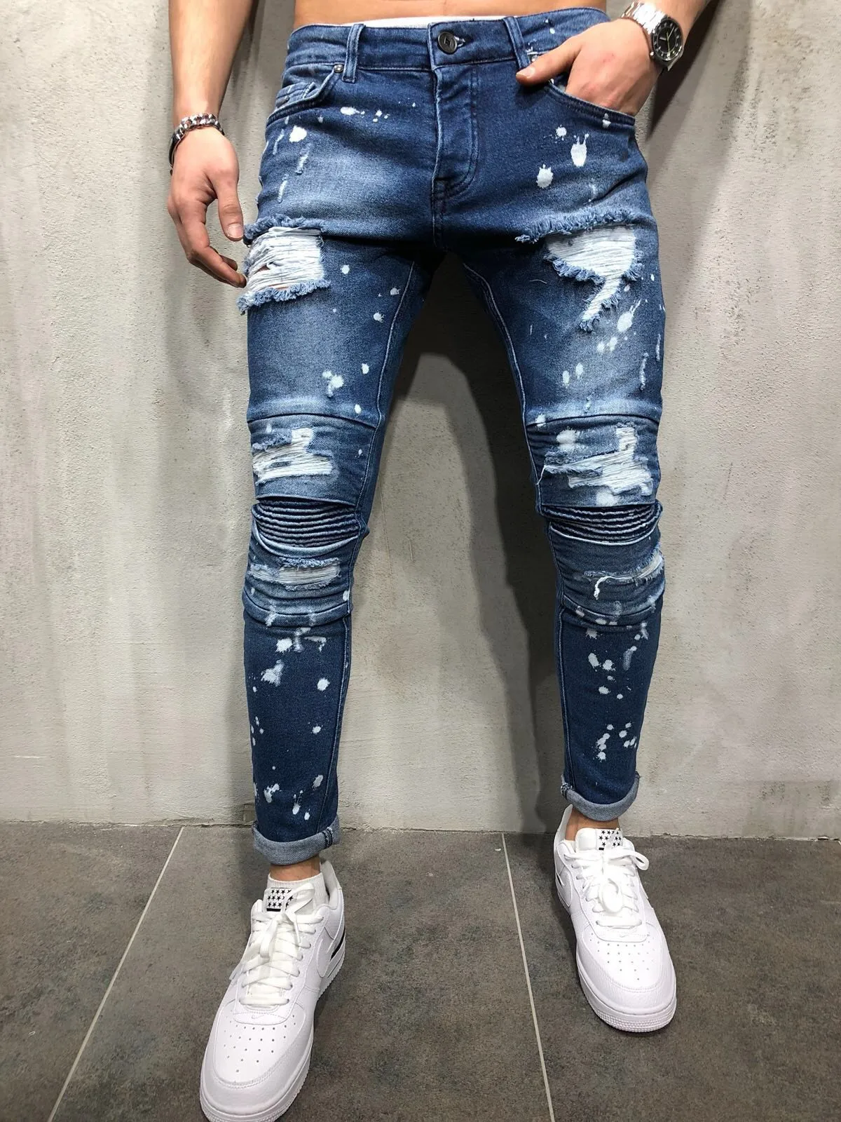 Streetwear Jeans vyriški Liesas Suplėšyti Plisuotos Kelio Ilgis Pleistras Elgeta Dažų Balta Dot Džinsus Ruožas Pieštuku Kelnės