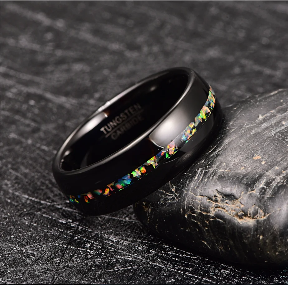 8mm Black Opal Dome Volframo Anglies Žiedas Vestuvių Juostoje Vyrų Komfortas Tinka Žiedai, Sužadėtuvių Dovana, Papuošalai