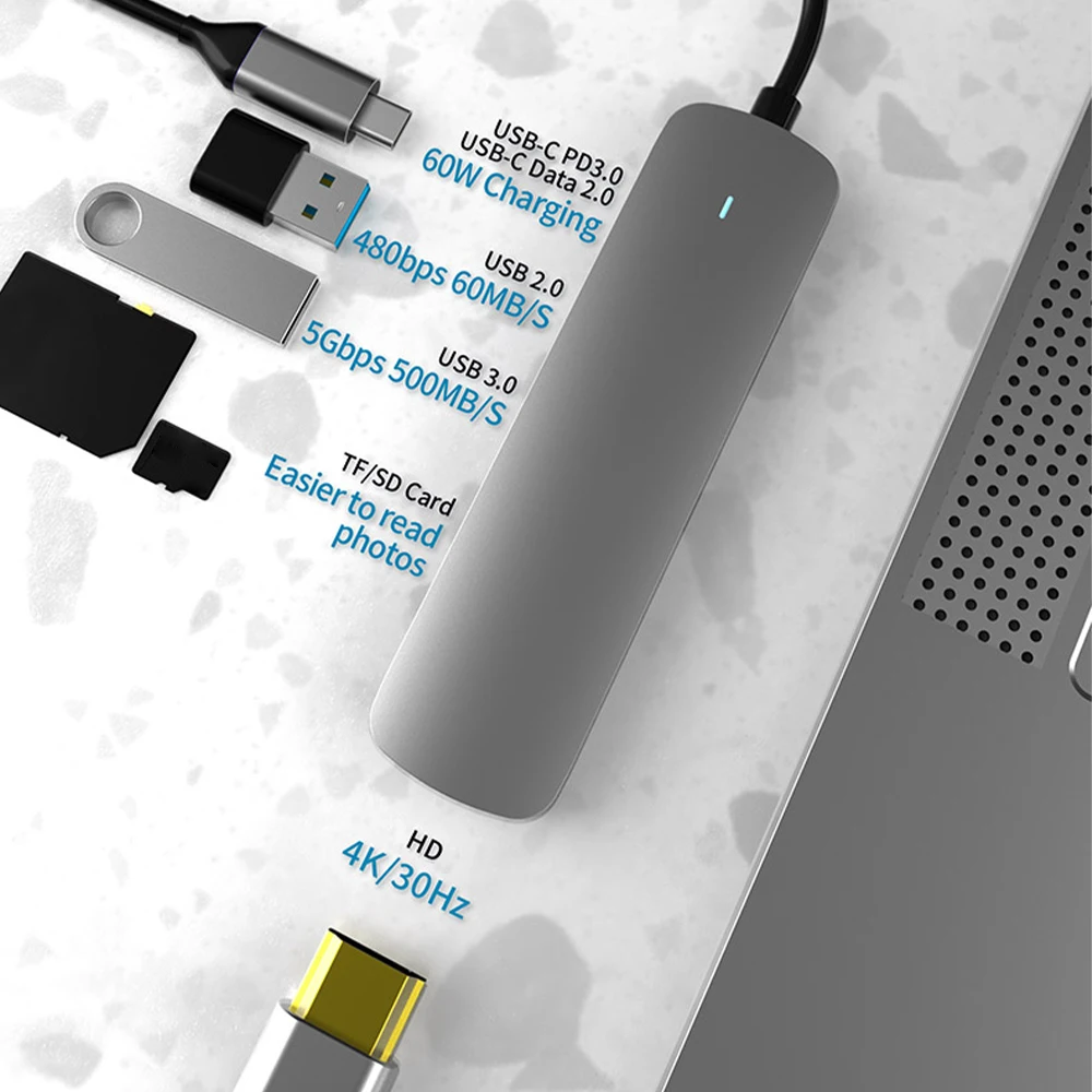 6 in 1 C Tipo Stebulės 4K USB 3.0 Aliuminio Stebulės Dongle, su HDMI Suderinamus Išėjimo Paramos PD/TF/SD Nešiojamojo Telefono