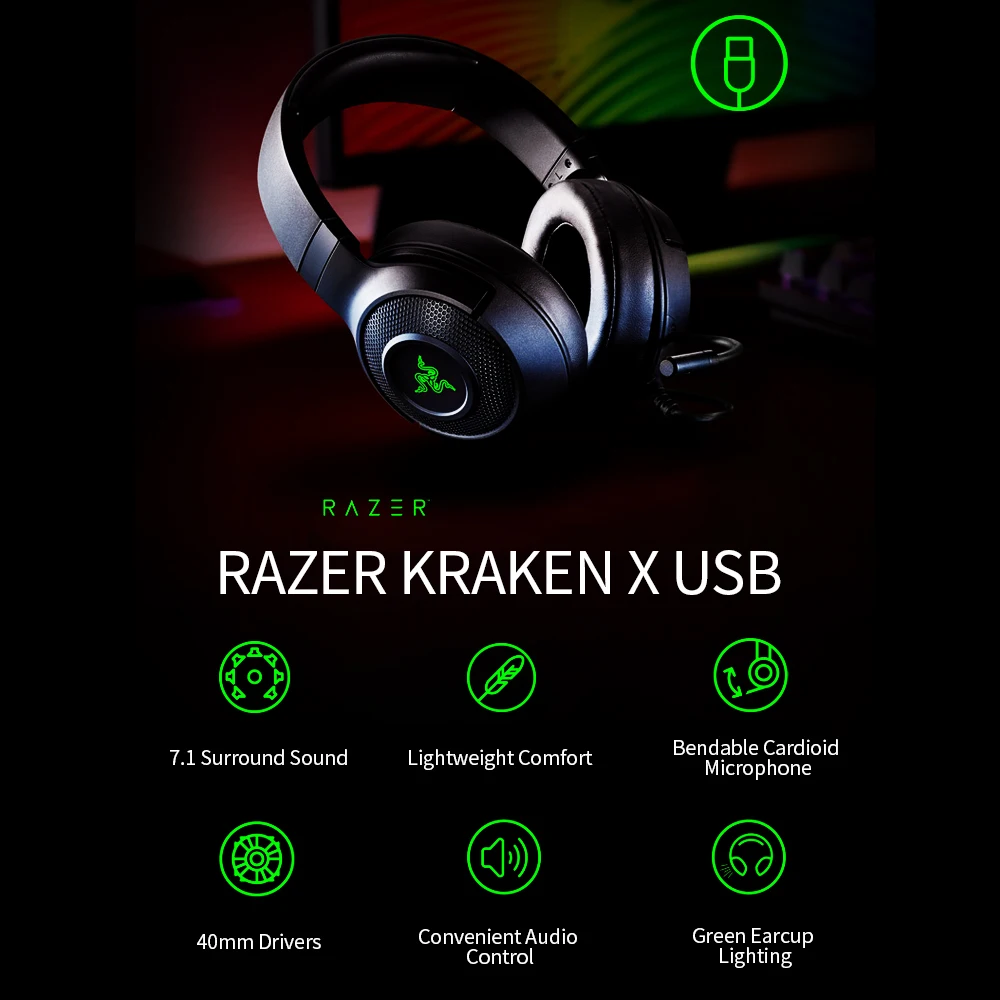 Žaidimų Ausinės Razer Ausinių Kraken X-USB 7.1 Erdvinio Garso Ultra Light Ausinių Bendable Cardioid Mikrofonas Užsakymą-Tuned