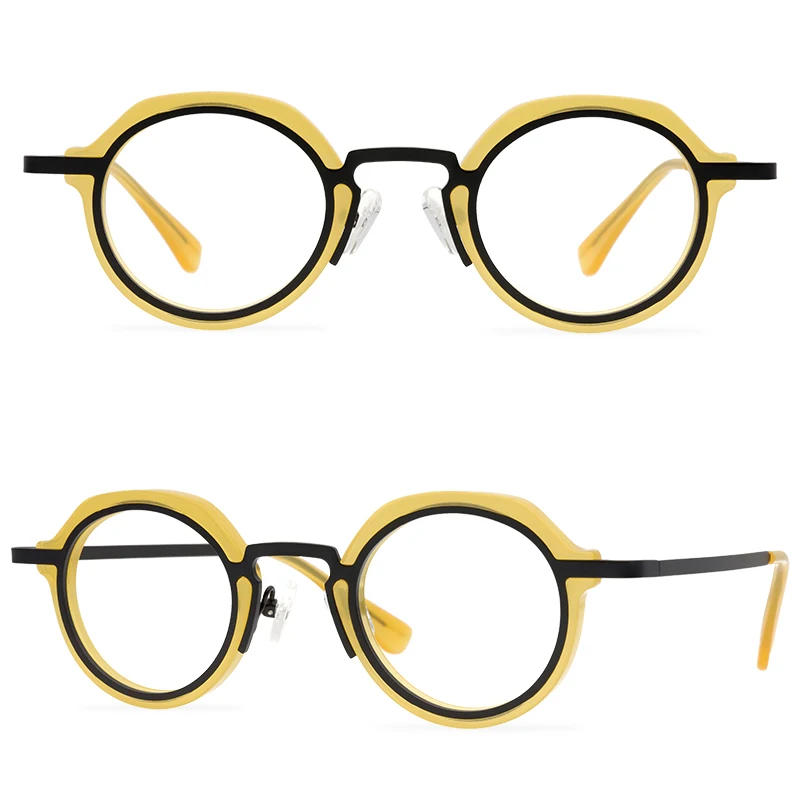 Moteris madinga rėmo akiniai spalvos dryžuotas mažas apvalus rėmo akiniai geltoni akiniai