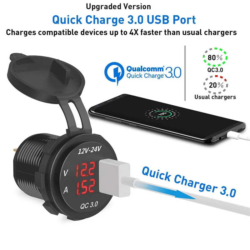 Naujas QC 3.0 USB Įkroviklio Lizdas, Maitinimo Lizdas, Digital Voltmeter Ammeter Stebėsenos Automobilių Valtis Marine Rv Motociklas