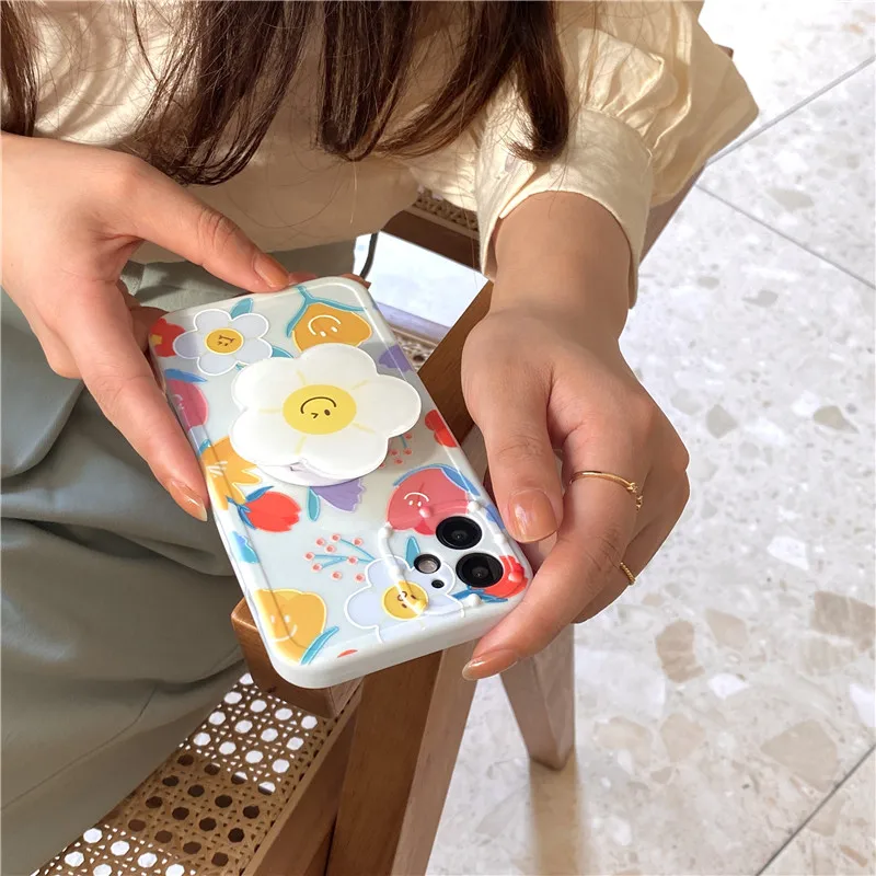 Mielas Daisy Gėlės Šypsena Rankena Telefono dėklas Skirtas iPhone 11 Pro Max 12 X XS XR 7 8 Plus SE 2020 atsparus smūgiams Minkštos TPU Dangčio Laikiklis, Krepšys