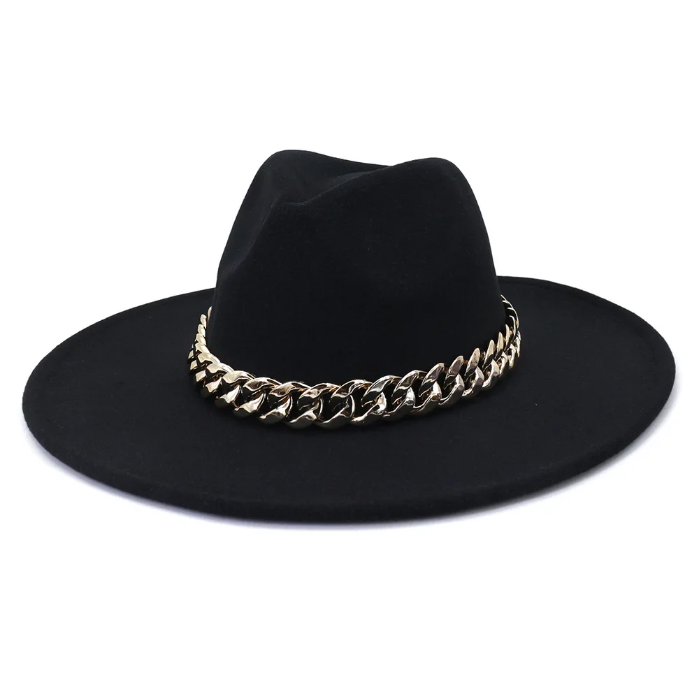 9.5 cm didelio masto kraštų vilnonių džiazo Fedora skrybėlę moterų grandinės vilnonių fedora skrybėlę vyrų mados Panamos skrybėlė vestuvių skrybėlę