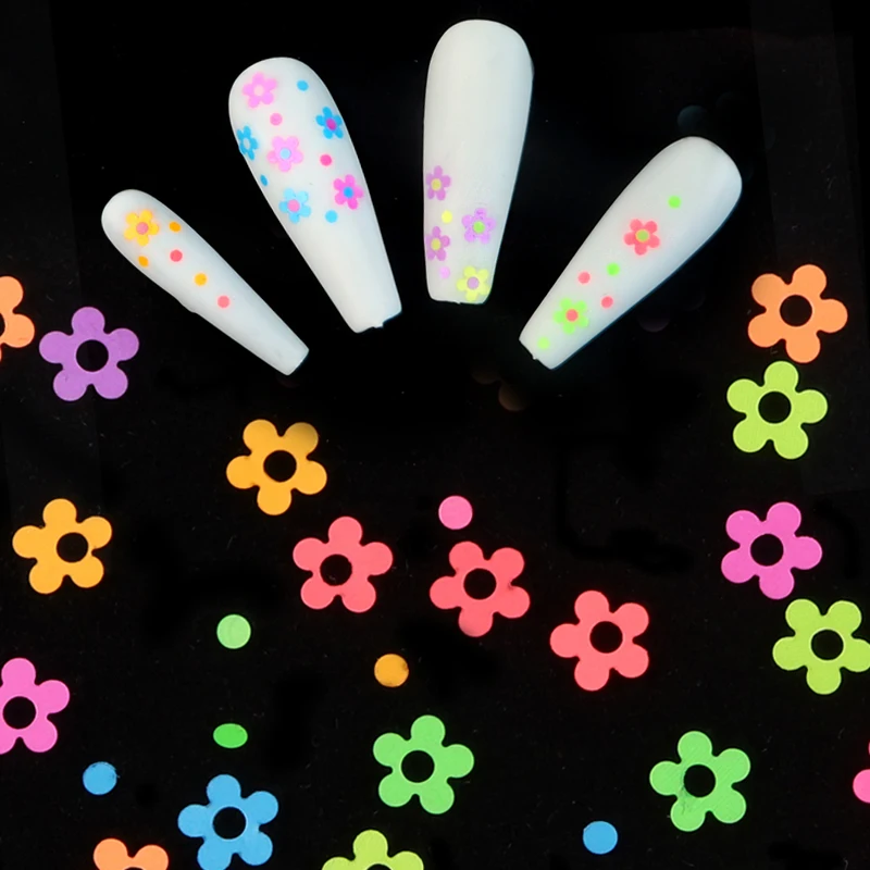 Fluorescencijos Gėlių Formos Blizgučiai 4MM Neon Nagai Blizgučiai Dribsnių 3D Derinys Spalvų Nagų Dailė Pagalbinė Manikiūro Dizaino Papuošalai
