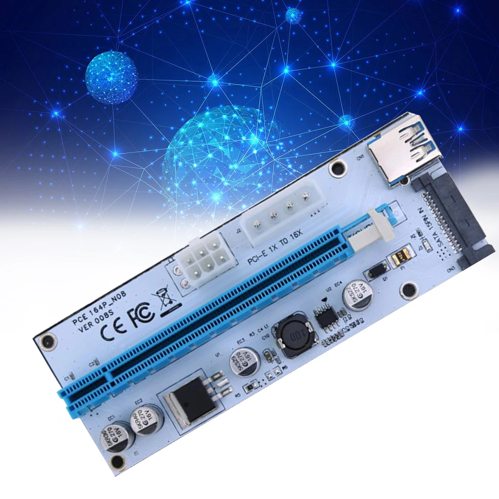 PCI-E Riser Valdybos PCI-E 1x iki 16x Extender Adapteris GPU Riser Card su 6-pin ir 4-pin SATA Sąsaja