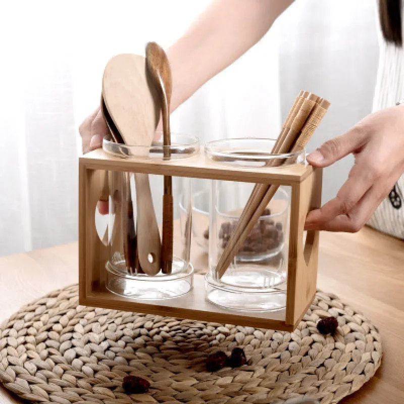 Paprastas Japonų stiklas skaidrus Stalo Šaukštas lazdelės saugojimo vamzdis narve stovo lauke virtuvės bambuko Stalo Lentynos Buitiniai