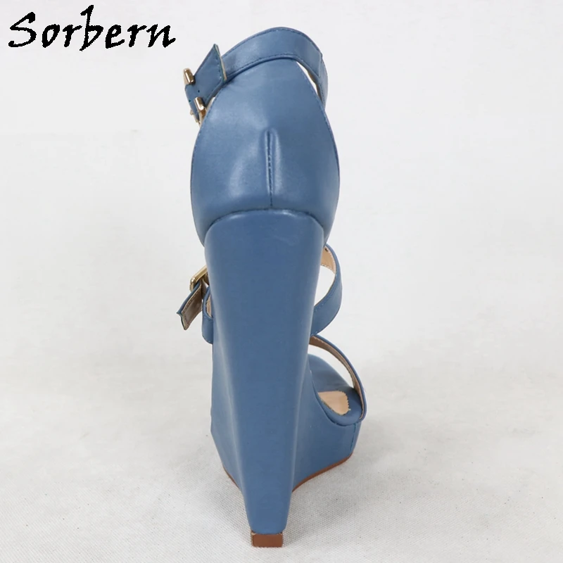Sorbern Vintage Blue Moterų Pleištai Sandalai Aukšto Kulno Platforma Vasaros Bateliai T-Strap Individualų Dydį 42 Unisex Batai, Avalynė