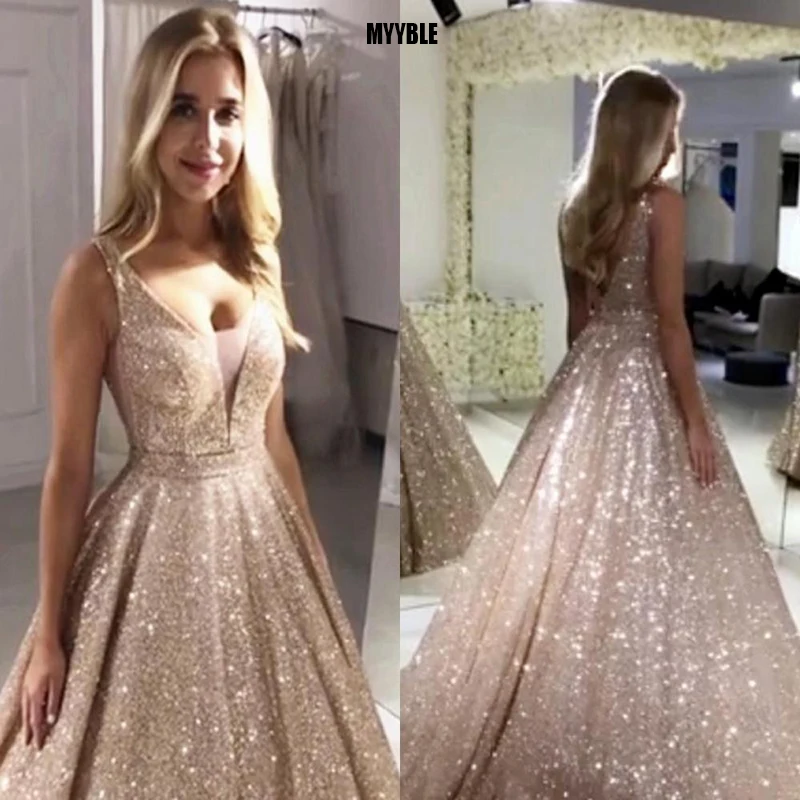 Spalvingas Rožinė Aukso Blizgučiais Prom Dresses 2021 Sparkle China Kamuolys Suknelė Vakarinę Suknelę Backless Abiye Šalis Suknelė Chalatas De Soiree