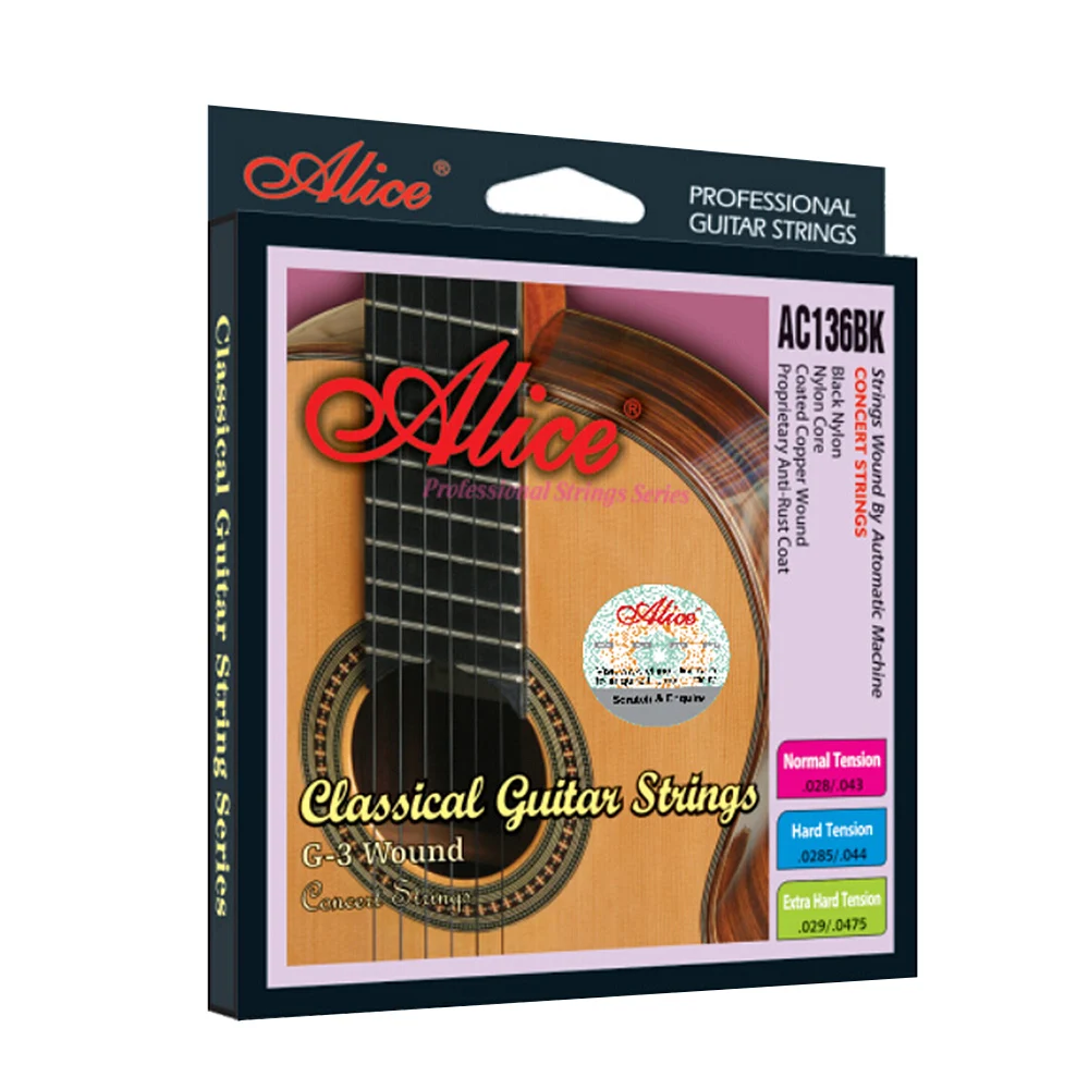 Alice AC136BK-H Juodo Nailono Klasikinės Gitaros Stygos 6pcs/komplektas (.0285-.044) Sunku Įtampa Vieną Nemokami G-3 Eilutę