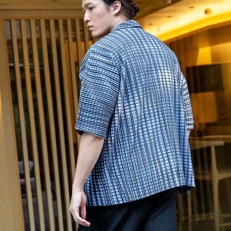 IEFB Japonijos Streetwear Mados Plisuotos Megztinis Marškinėliai Vyrams 2021 Naujus Gradientas Pledas Pusė Rankovėmis Marškinėliai Vasaros Drabužių Y7259
