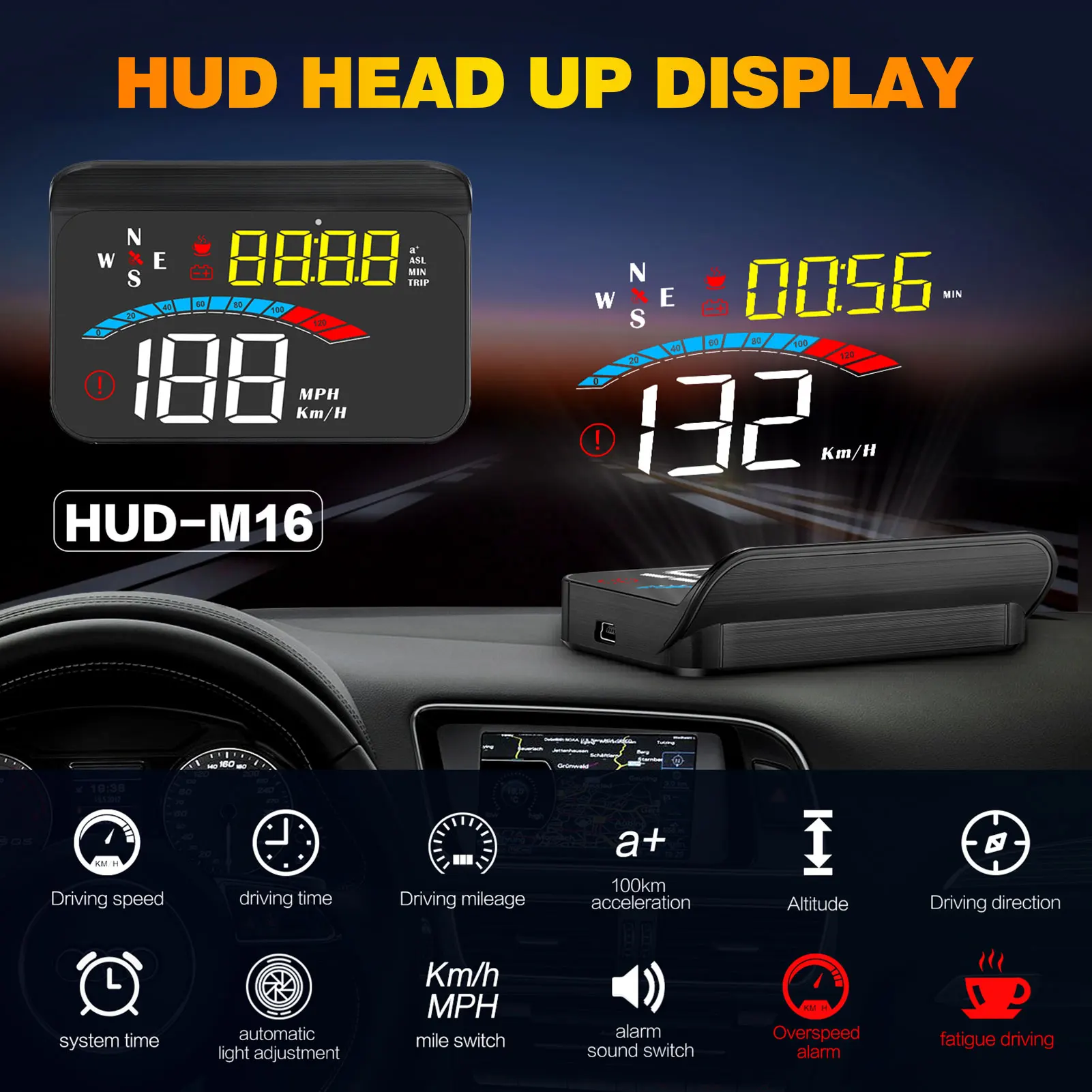 HUD Automobilių Head Up Display OBD2+GPS Ekranas Skaitmeninis Odometras Apsaugos Signalizacijos greičio viršijimo Įspėjimo prekinis, galinis Stiklo Projektorius Signalizacijos Sistemos