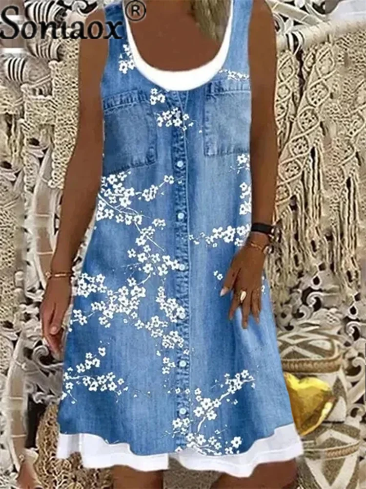4XL Plius Dydis Moterų, Gėlių Spausdinti Suknelė Vasaros Atsitiktinis Netikrą Dviejų dalių 3D Skaitmeninis Spausdinimas Sundress Moterų O-Kaklo Skraiste Suknelė Femme