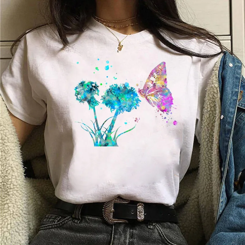 Naujas Mados Moterų Marškinėliai Drugelis Širdies Atspausdinta Tee Viršuje Moterų Atsitiktinis Mielas Tees Moteris Grafinis T-shirt Vasaros trumpomis Rankovėmis Viršūnes