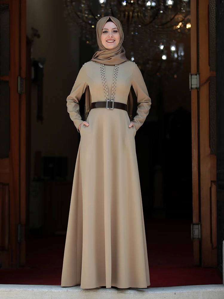 Moteris Vakaro Suknelė su Perlų Diržo Islamo Musulmonų Drabužiai Ilgio Lanksčios Plius Dydžio Made in Turkija, arabų Dubajus