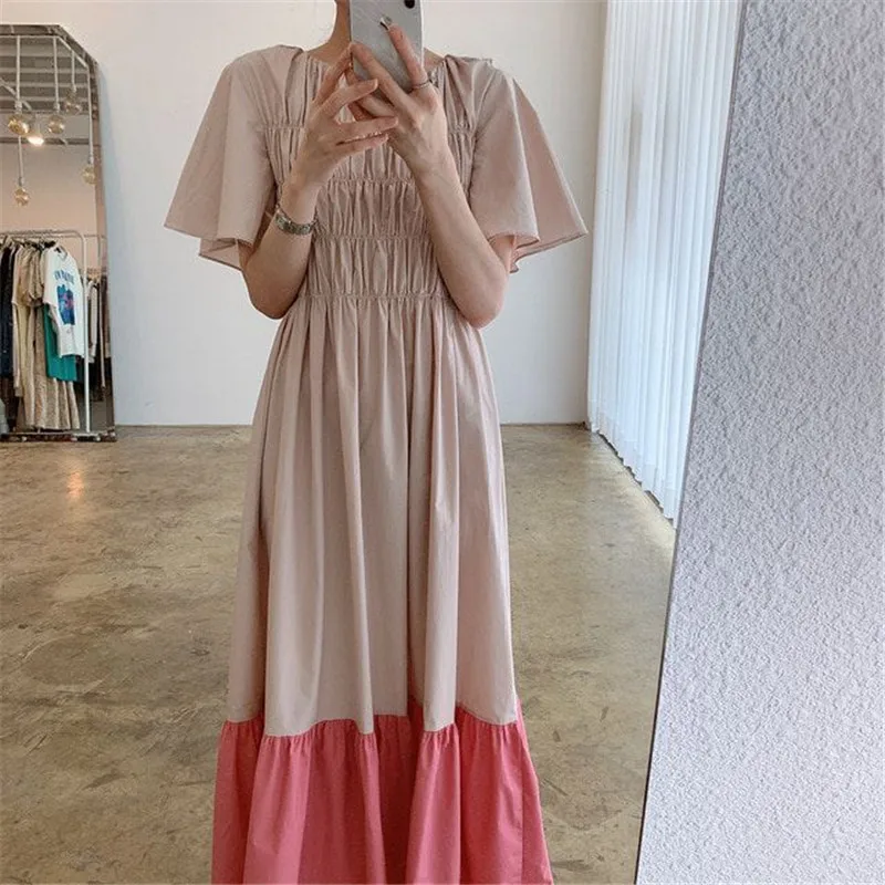 2021 apvalios kaklo prarasti plisuotos spalvų suknelė moterims