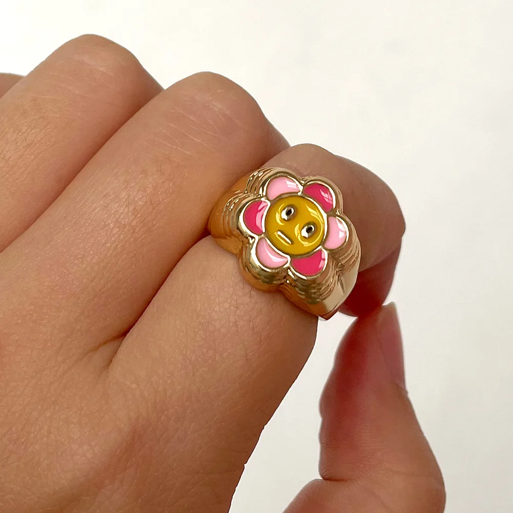 Korėjos Mielas Spalvingas Laimingas, Besišypsantis Veidas rodomojo Piršto Žiedai Mados Naujų Emalio Gėlių, Geometrinių Žiedas Y2K Papuošalai Moterims, Dovanos