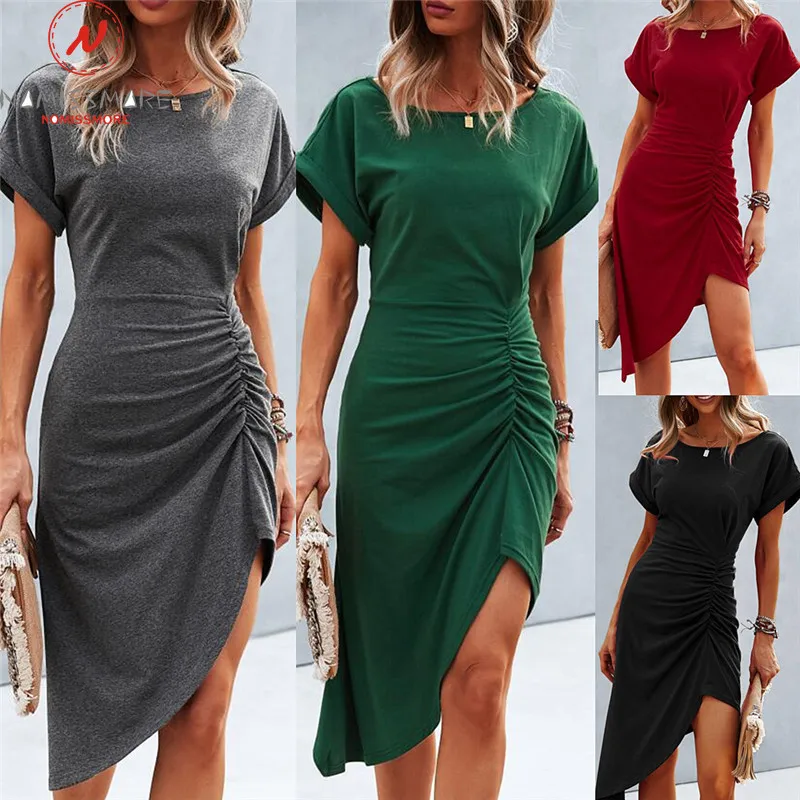 Moterys Vasarą Streetwear Vientisos Spalvos Pieštuku Suknelė Nereguliarus Susitraukimą Projektavimo O-Kaklo Trumpomis Rankovėmis Aukštos Juosmens, Plonas Klubų Suknelė
