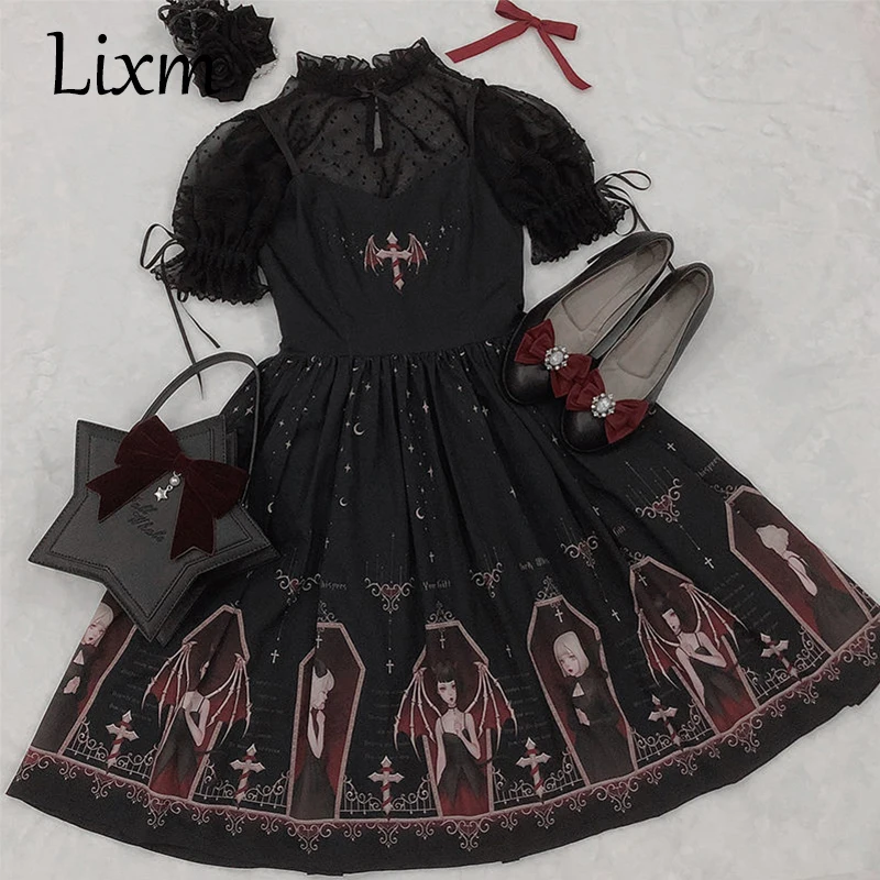 Japonijos Gothic Lolita Jsk Juoda Suknelė Moterims Harajuku Gatvės Mados Rankovių Minkštas Sesuo Mielas Suknelė Mergaitėms Baltos Punk Suknelės