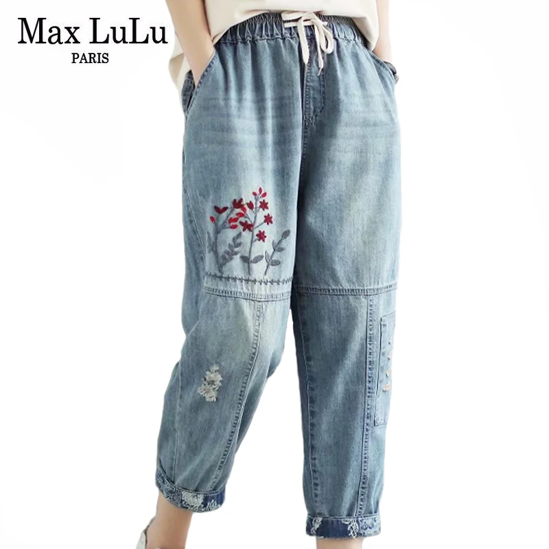 Max LuLu 2021 Chinses Stiliaus Moteris Derliaus Ripped Jeans Ladies Siuvinėjimo Skylių Nuplauti Džinsinio Audinio Kelnės Femlae Rankogaliai Kelnės Didelis Dydis