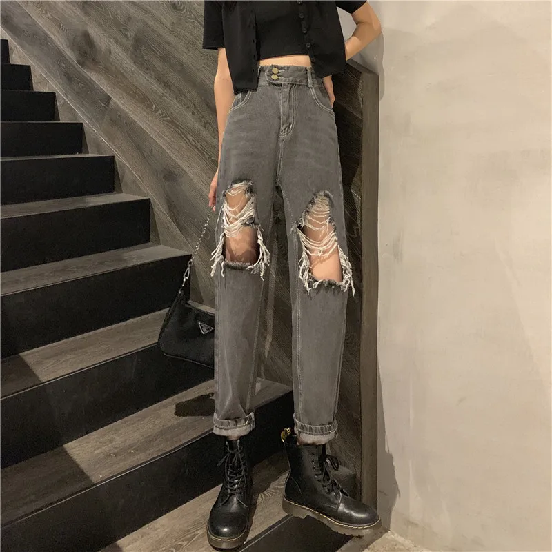 Džinsinio audinio Kelnės 2021 naujus moteriškus korėjos aukšto juosmens kankina džinsai mados rudens laisvi džinsai kelnės su didelę skylę