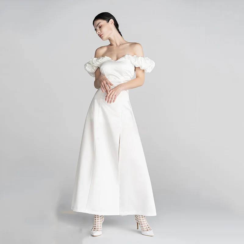 Paprasta Vakaro Suknelės White Satin Prancūzų Stiliaus Valtis Kaklo Vestuves Chalatai Pusės Split Backless Vestido De Fiesta De Boda