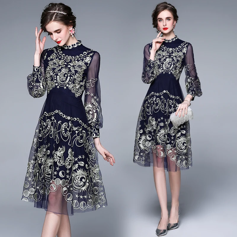 JSXDHK kilimo ir tūpimo Tako Dizainerių Pavasario Moterų Suknelė 2021 Nauji Aukštos Kokybės Akių Gėlių Siuvinėjimas Žibintų Rankovės Ponios Mados Šalis Suknelė