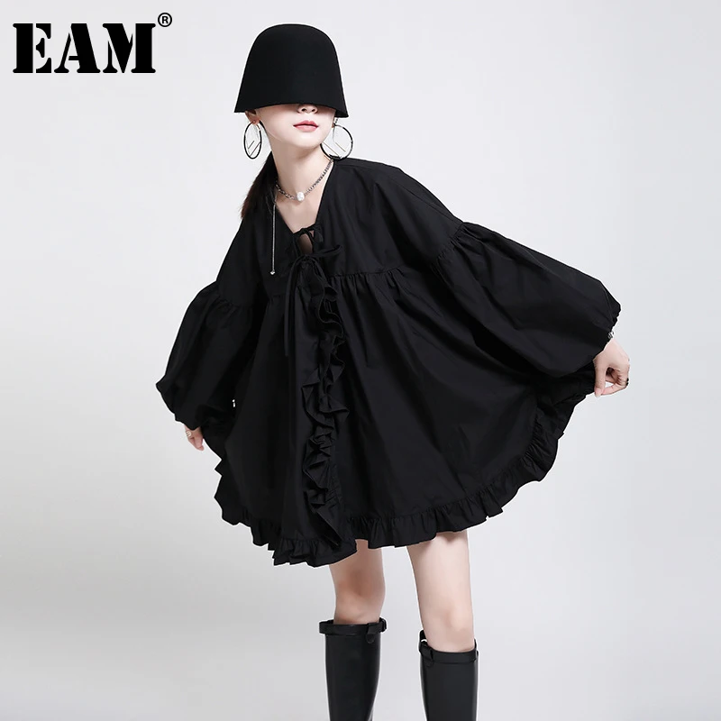 [EAM] Moterys, Juoda Raukiniai didelio Dydžio Tvarstis Mini Suknelė Nauja V-Kaklo, ilgomis Rankovėmis Palaidi Tinka Mados Banga Pavasario Rudens 2021 1DD5195