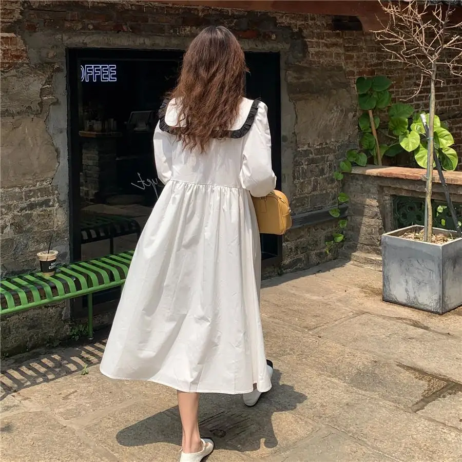 Vasarą Ponios Suknelė Elegantiškas Kolegija Stiliaus Lėlės Apykaklės Prarasti Pynimas Suknelė Moteris Studentų Ilgomis Rankovėmis Suknelė Balta Juoda Naujas 2021