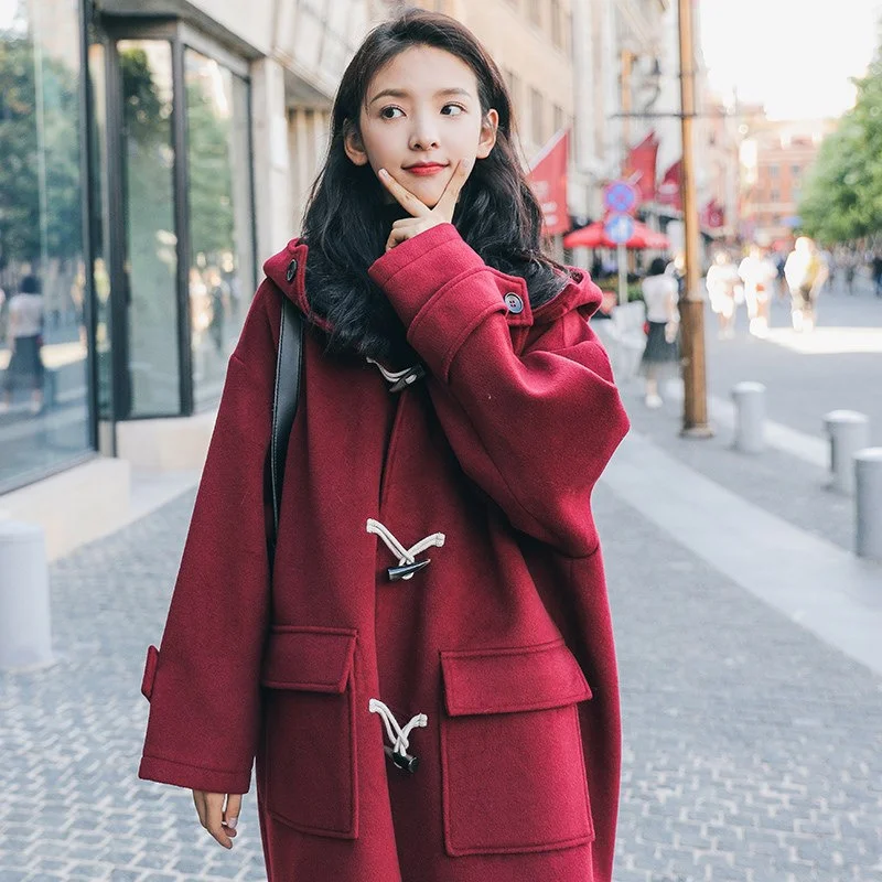 2021 m. Rudens Ir Žiemos Naujas korėjiečių Raudona Ragų Mygtuką Tvido Paltas Moterų vidutinio Ilgio Gobtuvu Studento Vilnonis Paltas