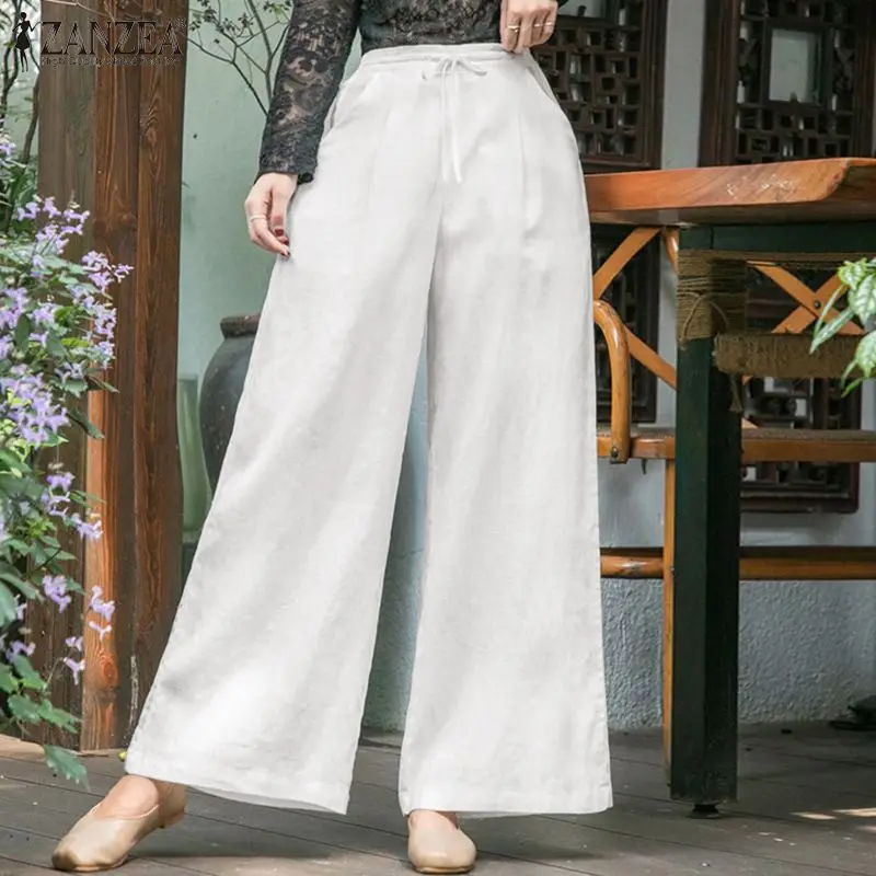 S - Moterys, Platus Kojos Kelnės Pavasario Atsitiktinis Kelnės ZANZEA Elegantiškas Aukšto Juosmens Kietieji Ilgai Pantalon Moterų Prarasti Palazzo Streetwear