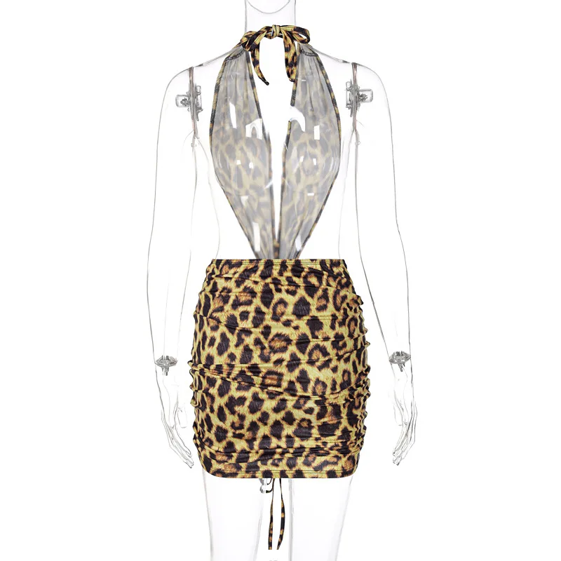 Leopard Moterų Apynasrio Mini Suknelė Raišteliu Ruched Giliai V Kaklo Backless Bodycon Seksualus Streetwear Šalies Klubas 2021 M. Vasaros Suknelės
