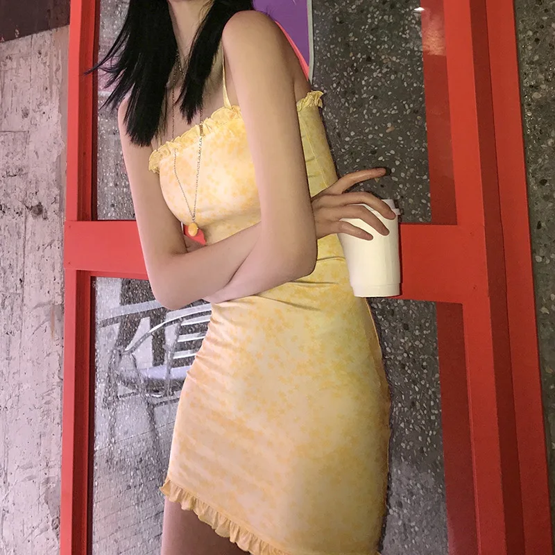 Moterų Mini Suknelės Elegantiškas Geltonas Seksualus Mados Rankovių Gėlių Raštas Bodycon Diržas Aukšto Juosmens Atsitiktinis-Line Suknelė Ponios