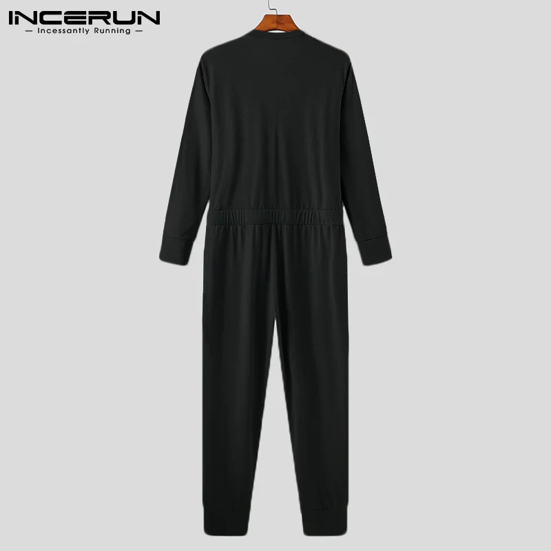 Vientisos Spalvos Vyrų Pižama Jumpsuits V-Kaklo, ilgomis Rankovėmis Homewear Laisvalaikio Mygtuką Rompers Patogus Mens naktiniai drabužiai S-5XL INCERUN