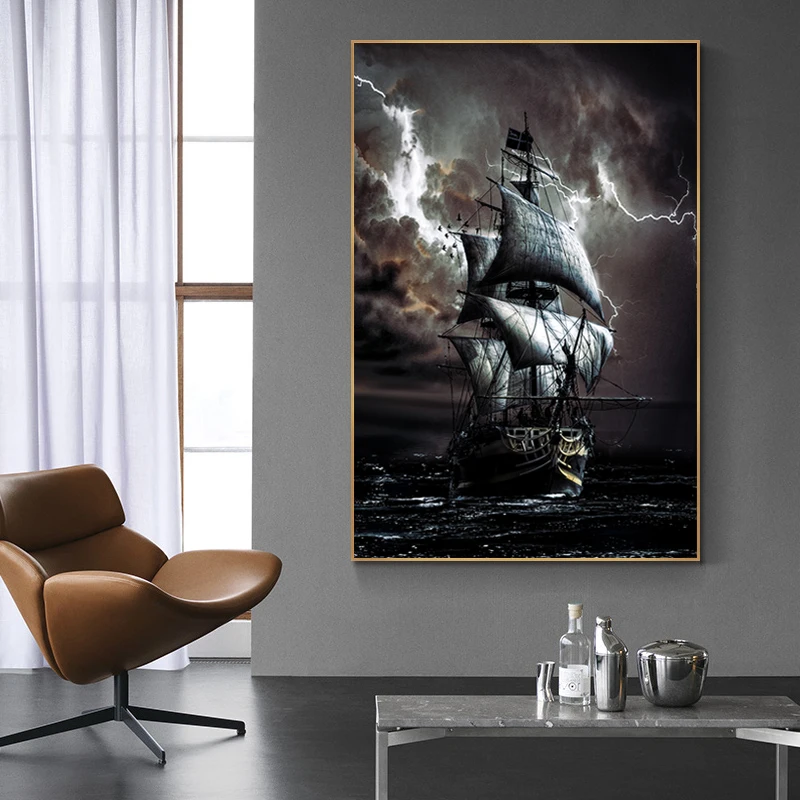 Piratų Laivas Aliejaus Tapybai Juoda burlaivis ant Drobės Jūra, Retro Plakato Biuro Kambarį Namo Apdaila Laivo Frameless Freskos