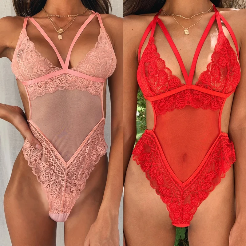 Sexy Hot Bodysuit Karštos Moterys, Push-Up Nėrinių Tuščiaviduriai Iš V-kaklo Paplūdimio Seksualus Bikini Paplūdimys Rožinė Raudona