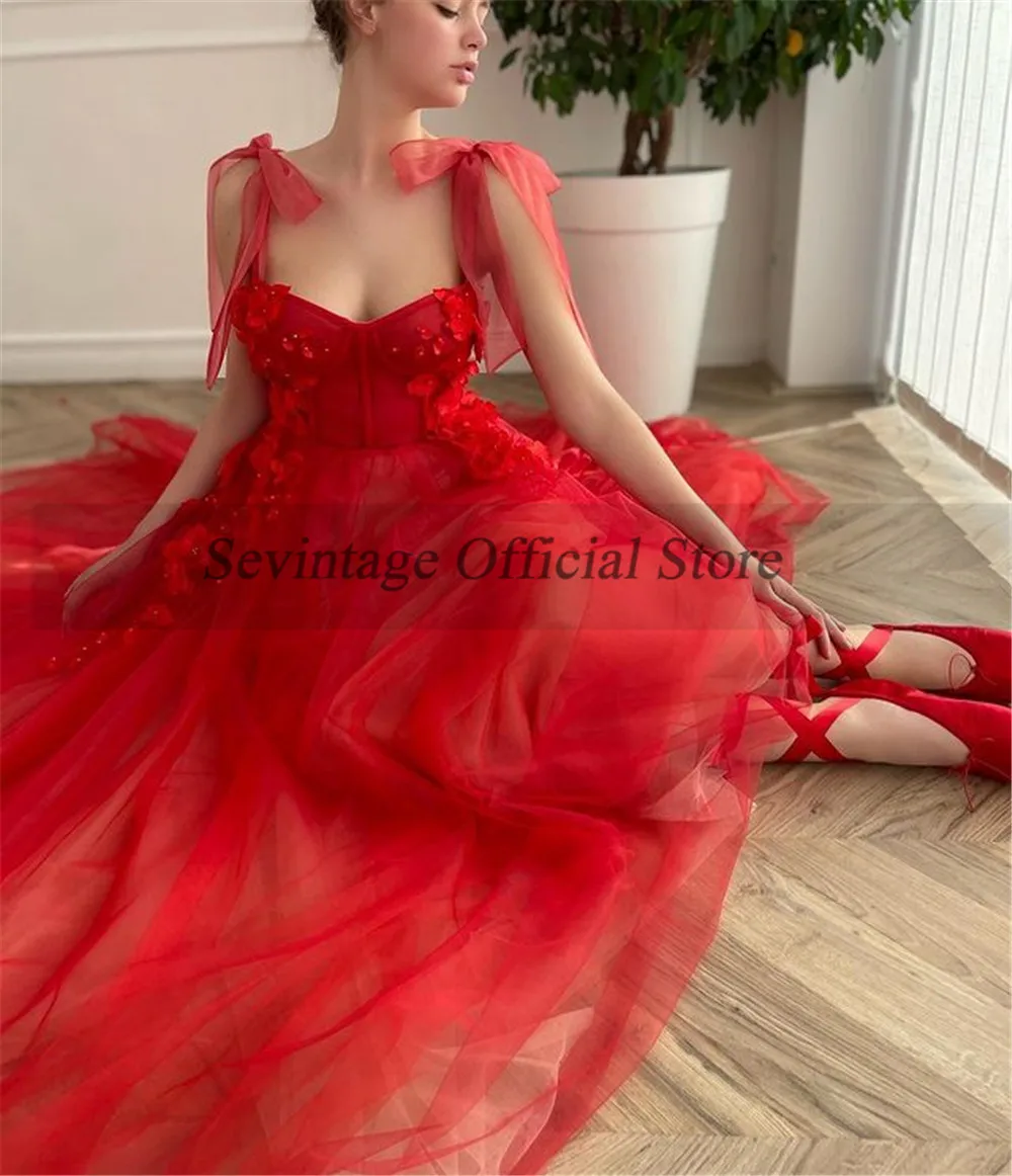 Sevintage Raudona Subtilus 3D Gėlės Perlai Promenadzie Suknelė Įrengtas Iškaulinėjimas Spageti Dirželis Vakare Chalatai Minkštas Tiulis Moterų Suknelės, Šaliai