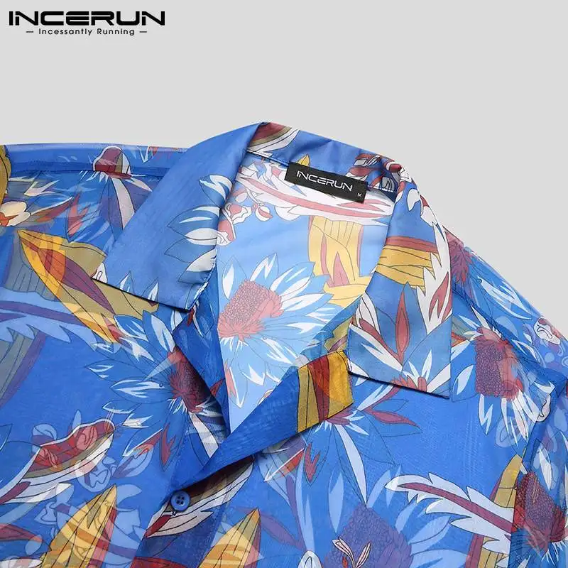 INCERUN 2021 m. Vyrų Tinklinio Marškinėliai Spausdinami Matyti Per Trumpas Rankovės Mados Šalis Plonas Viršūnės Vasarą Camisas Streetwear Havajų Marškinėliai